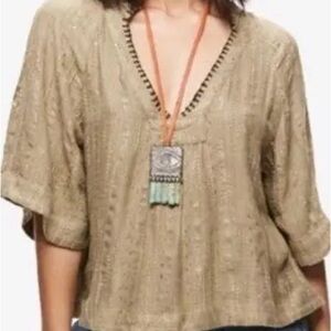 Free People-Forrest Green Tinsel  Sequined Crochet Boho Chic Fairy Blouse
